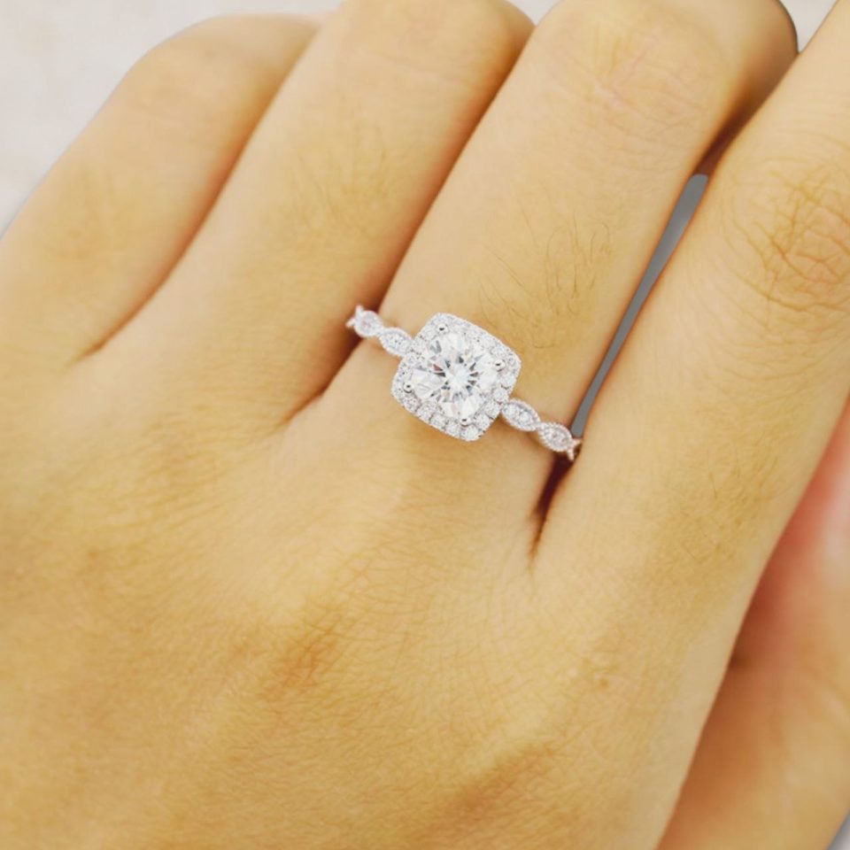 Unique Cushion Cut Moissanite Halo Engagement Ring – Vintage-Inspired Bridal Ring (1)