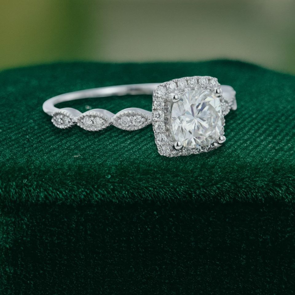 Unique Cushion Cut Moissanite Halo Engagement Ring – Vintage-Inspired Bridal Ring (3)