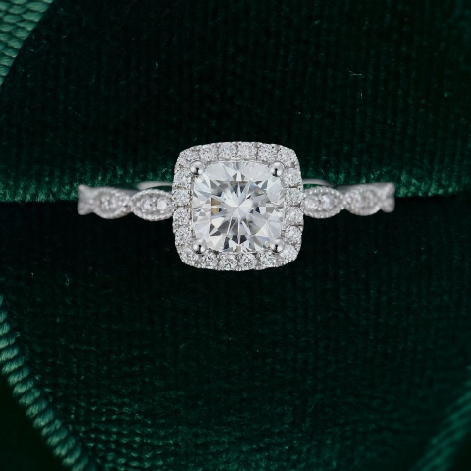 Unique Cushion Cut Moissanite Halo Engagement Ring – Vintage-Inspired Bridal Ring (4)