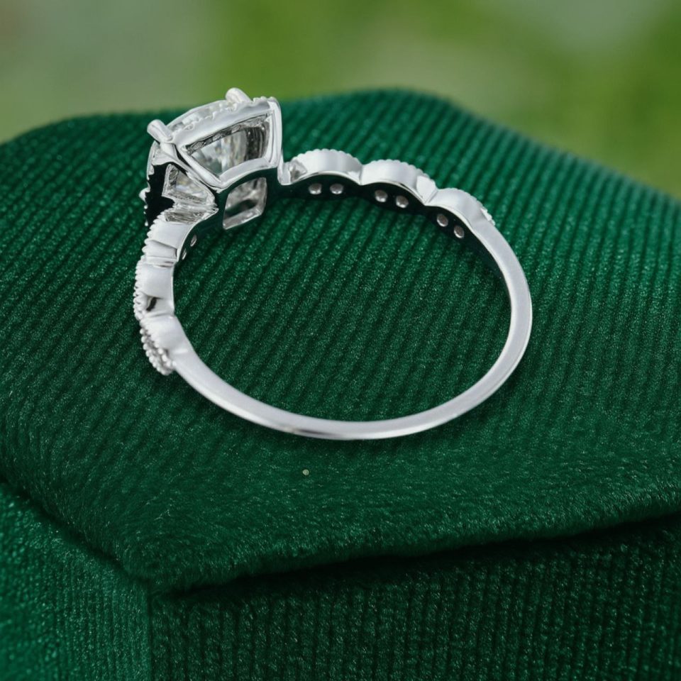 Unique Cushion Cut Moissanite Halo Engagement Ring – Vintage-Inspired Bridal Ring (5)