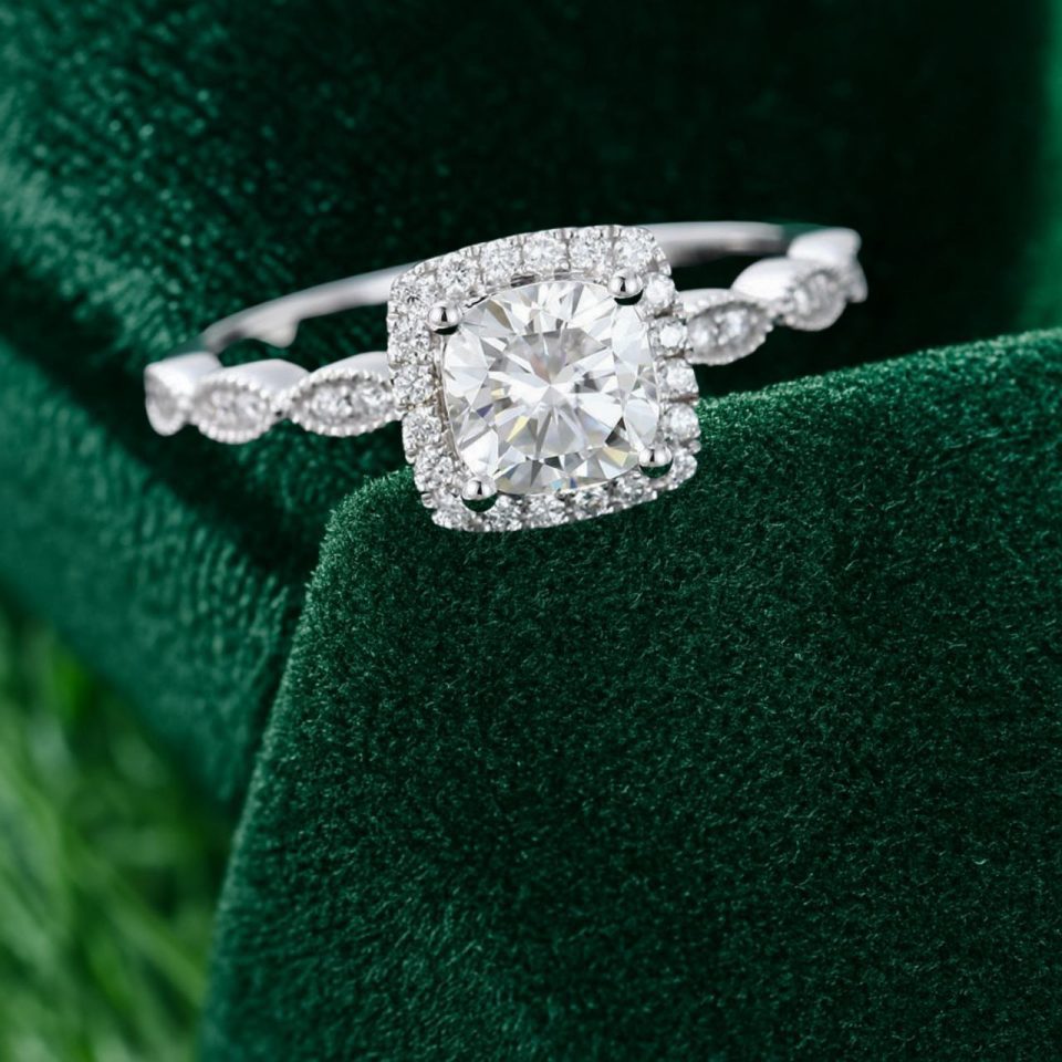 Unique Cushion Cut Moissanite Halo Engagement Ring – Vintage-Inspired Bridal Ring (6)