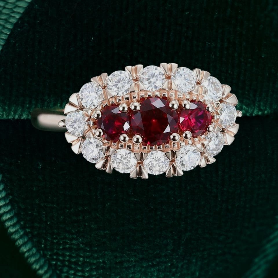 Victorian-Inspired Ruby & Diamond Cluster Engagement Ring with Evil Eye Motif (1)