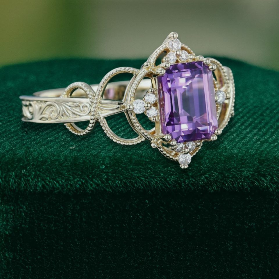 Vintage-Inspired Emerald Cut Purple Sapphire Halo Ring with Intricate Filigree and Milgrain Detailing (4)