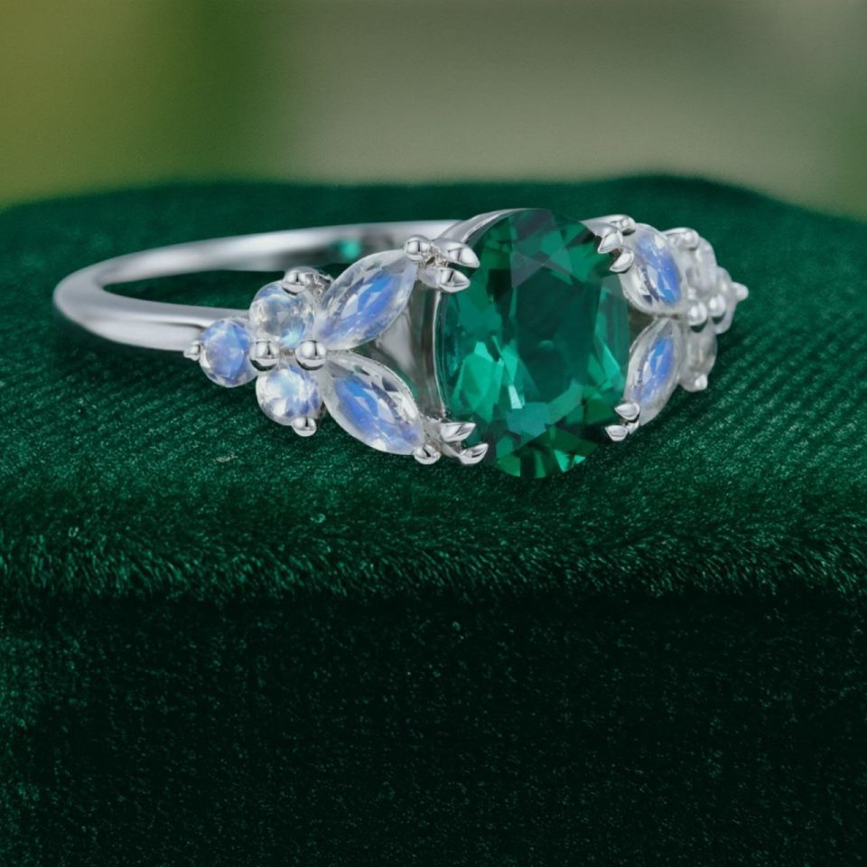 White Gold Oval Lab Emerald and Moonstone Engagement Ring (3)