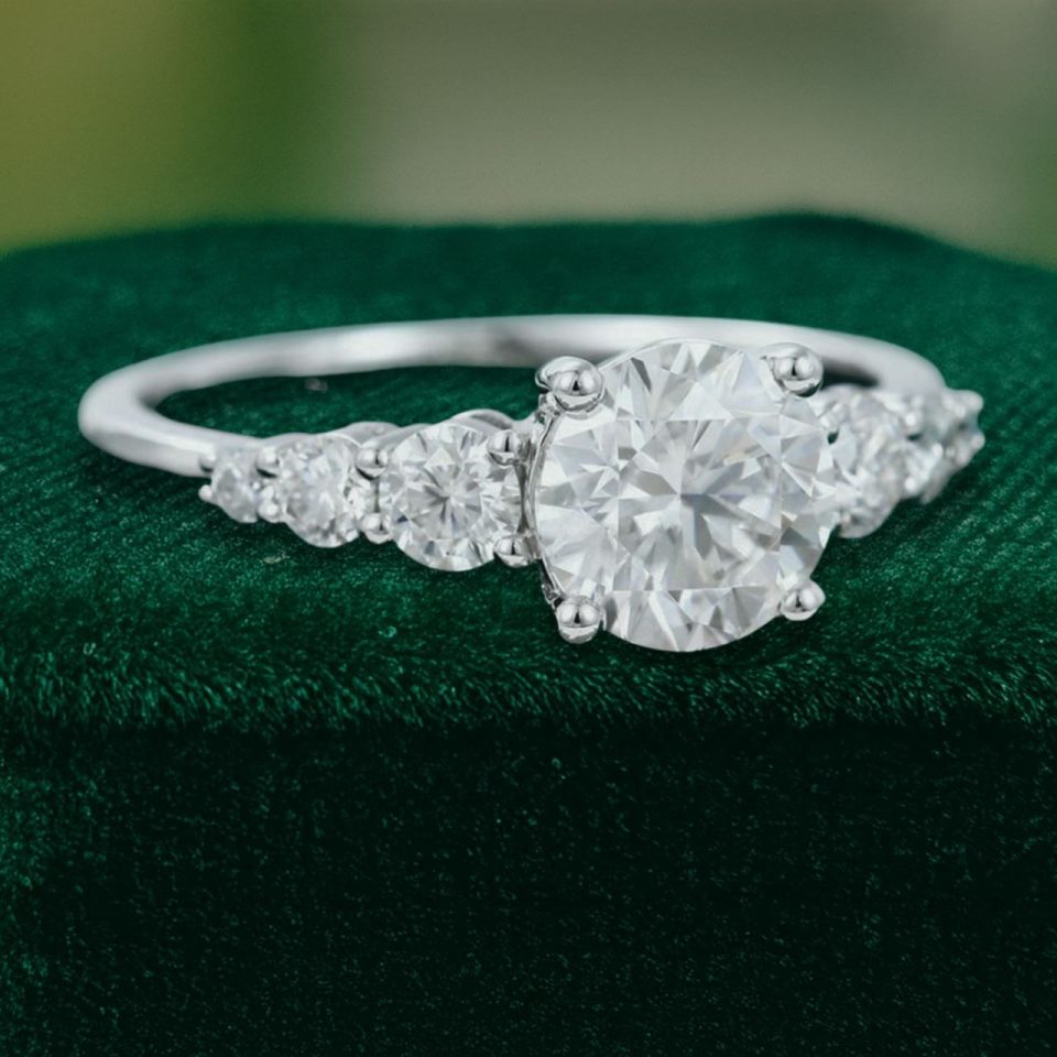 White Gold Round Cut Moissanite Engagement Ring with Gradient Side Stones (2)