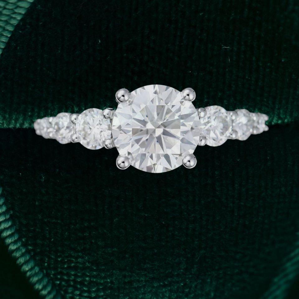 White Gold Round Cut Moissanite Engagement Ring with Gradient Side Stones (3)