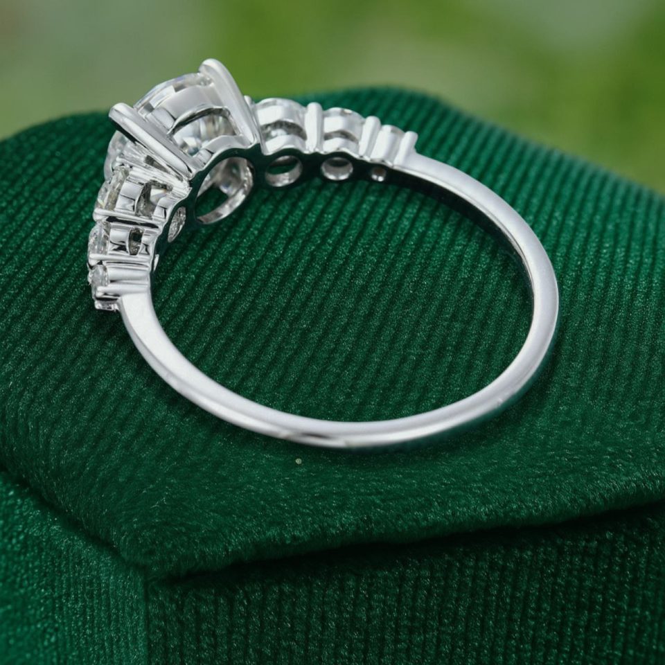 White Gold Round Cut Moissanite Engagement Ring with Gradient Side Stones (4)