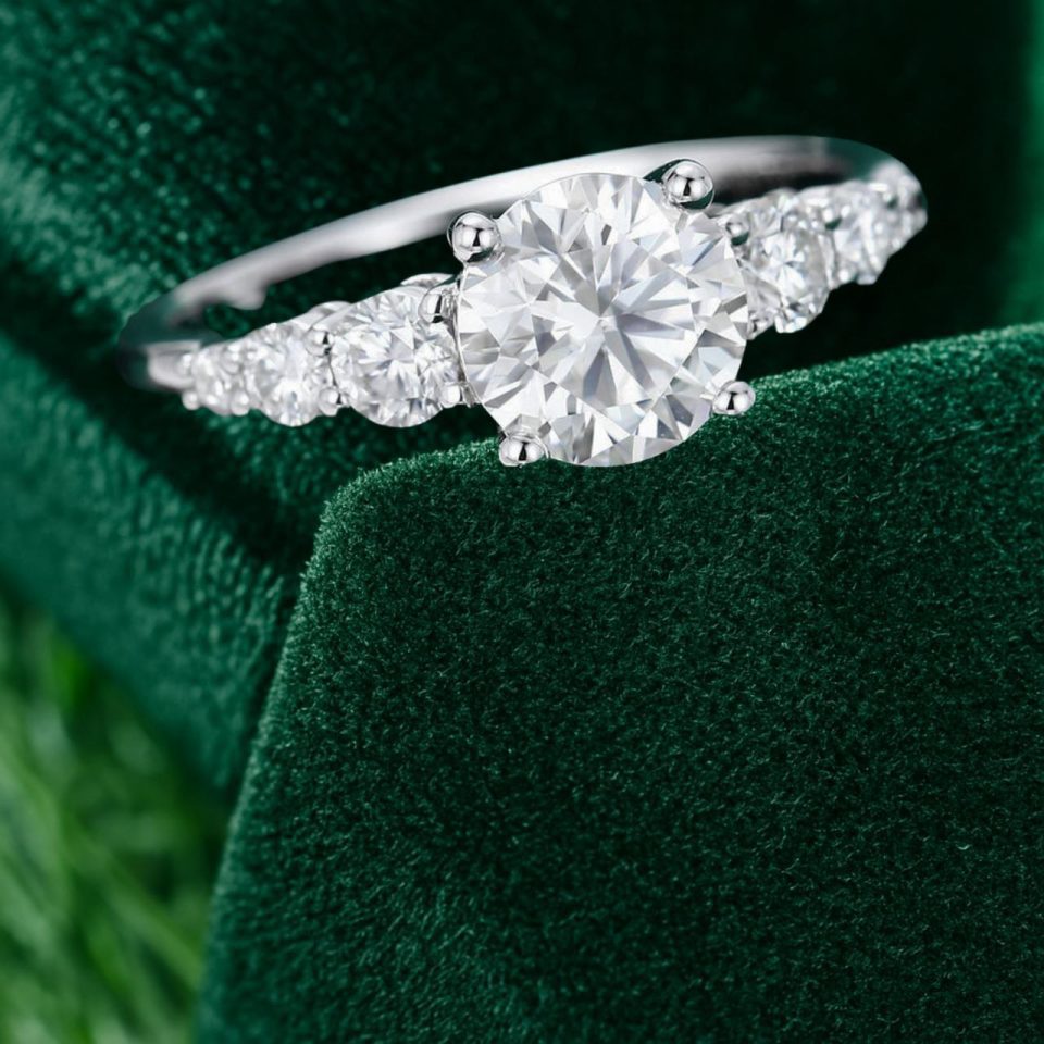 White Gold Round Cut Moissanite Engagement Ring with Gradient Side Stones (5)