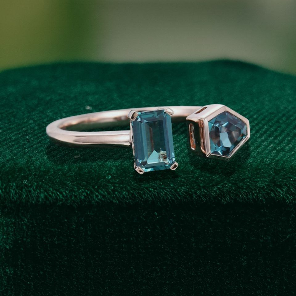 Alexandrite Two-Stone Open Ring in Emerald & Shield Cuts (3)