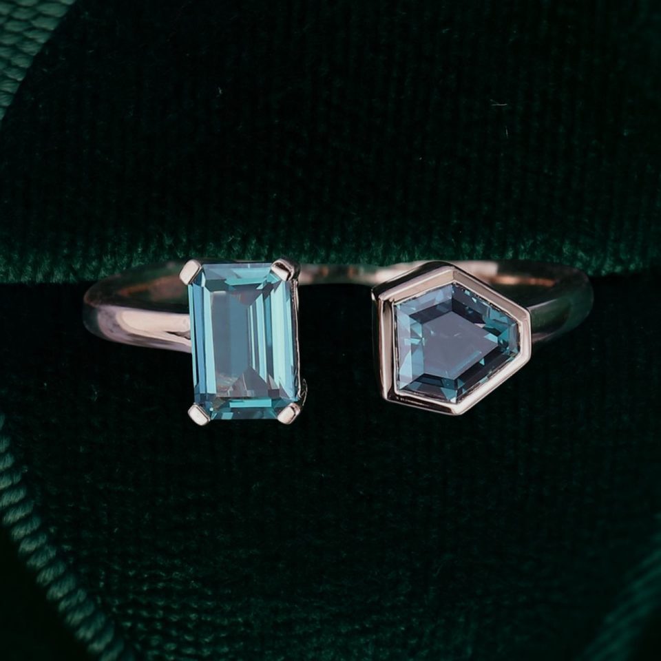Alexandrite Two-Stone Open Ring in Emerald & Shield Cuts (4)