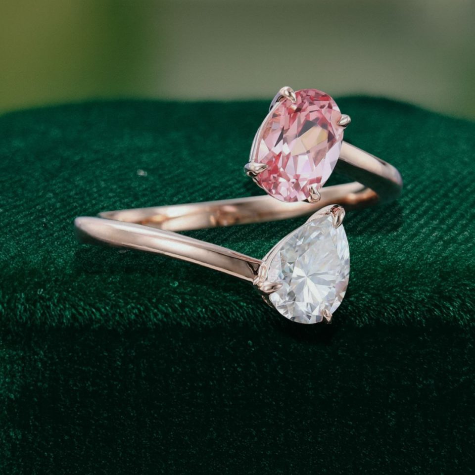 Bypass Toi et Moi Ring with Pink Sapphire and Moissanite (3)