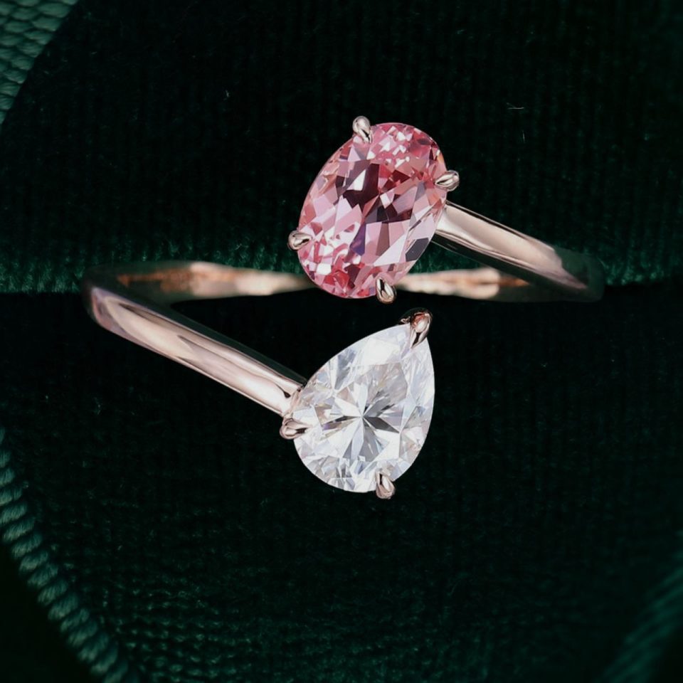 Bypass Toi et Moi Ring with Pink Sapphire and Moissanite (4)