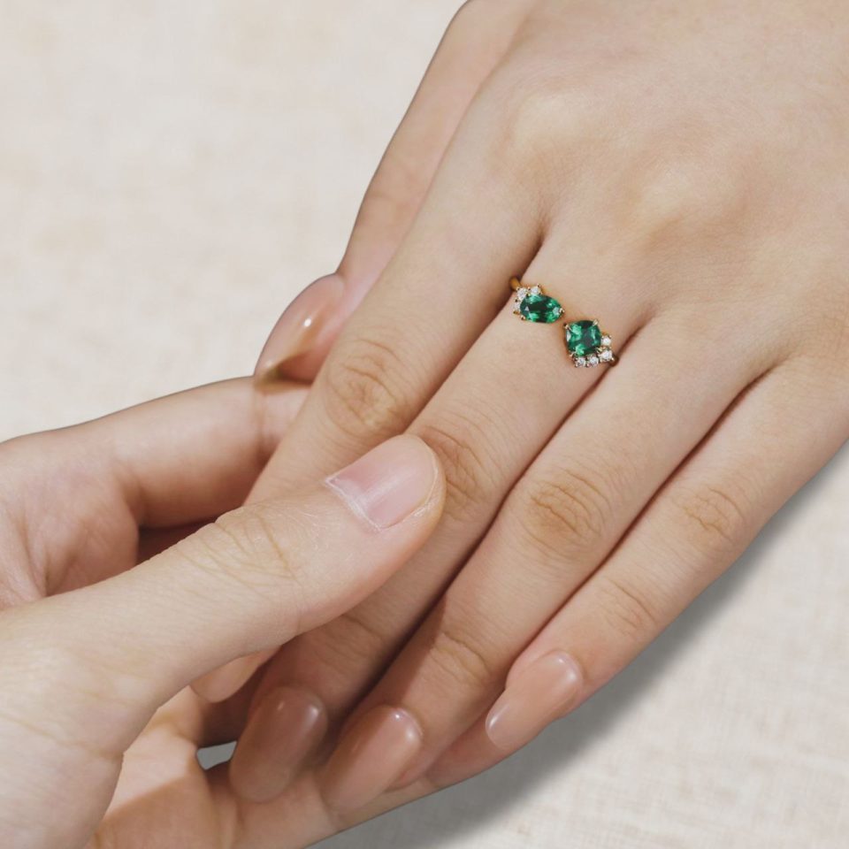 Classic Toi et Moi Ring with Cushion & Oval Cut Emeralds Timeless Open Design (1)