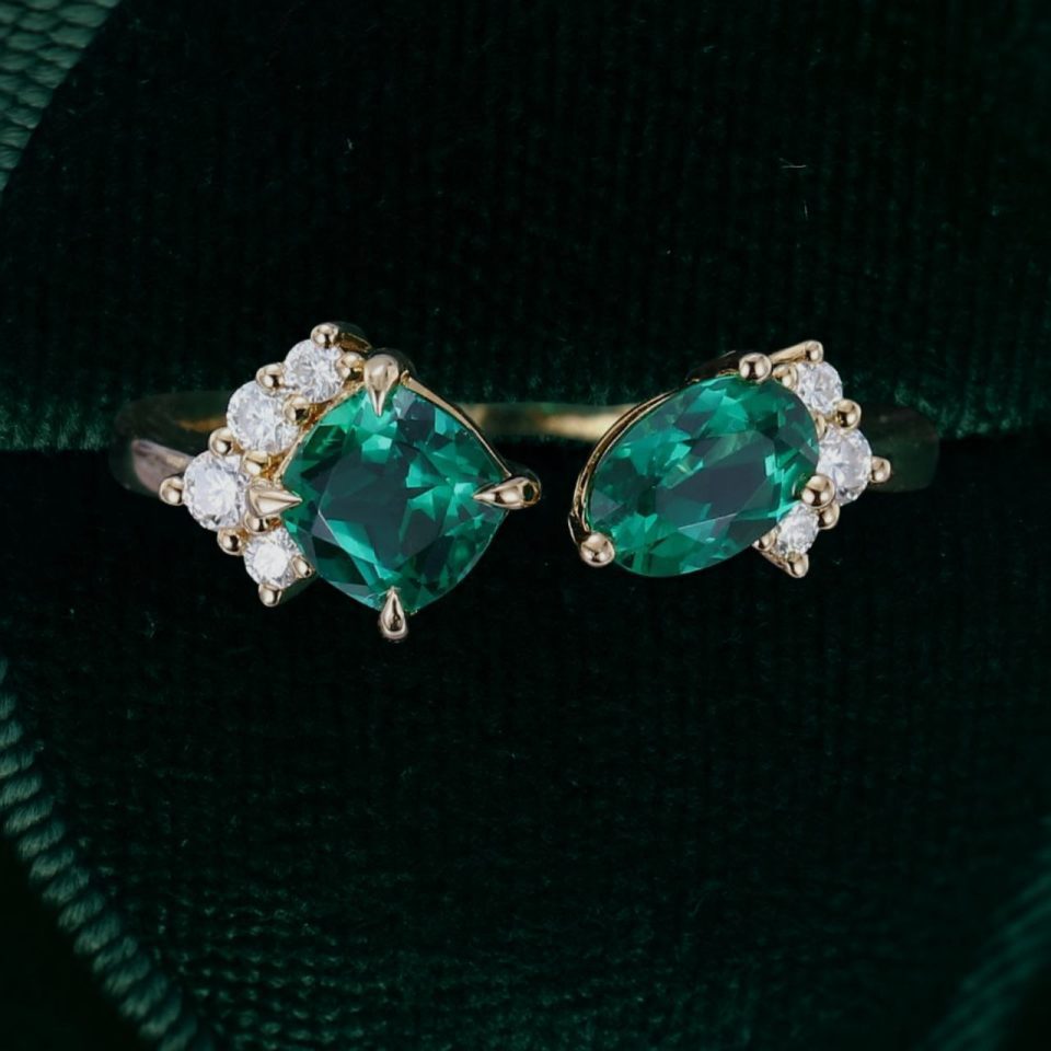 Classic Toi et Moi Ring with Cushion & Oval Cut Emeralds Timeless Open Design (4)