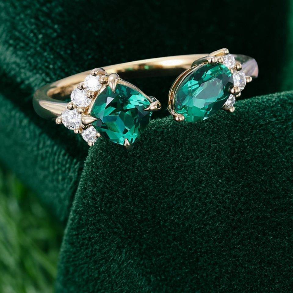 Classic Toi et Moi Ring with Cushion & Oval Cut Emeralds Timeless Open Design (6)