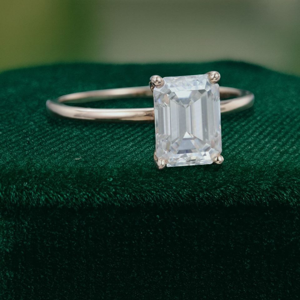 Emerald Cut Moissanite Solitaire Ring in Refined Minimal Design (3)