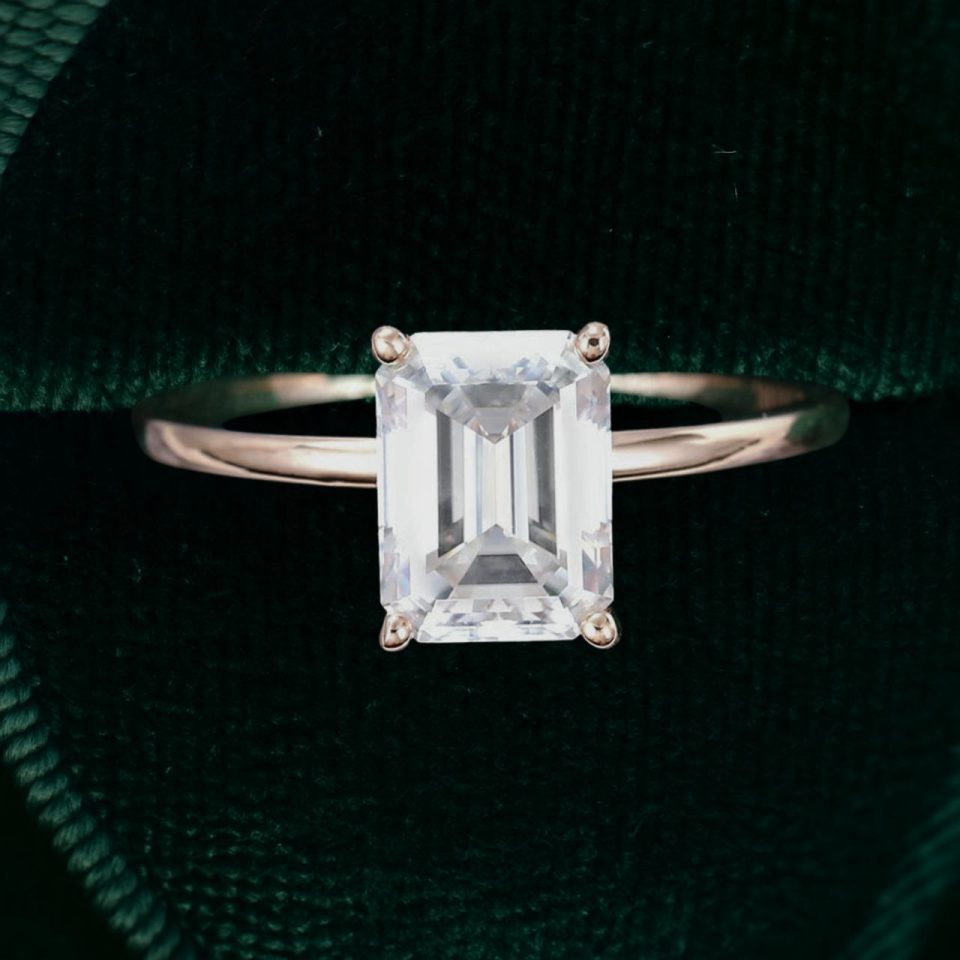 Emerald Cut Moissanite Solitaire Ring in Refined Minimal Design (4)
