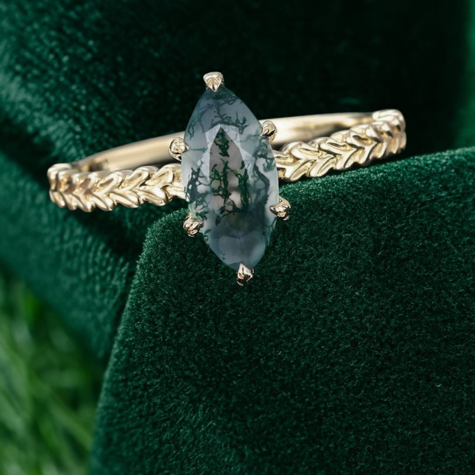 Marquise Moss Agate Leaf Prong Ring with Wheat-Inspired Band (1)