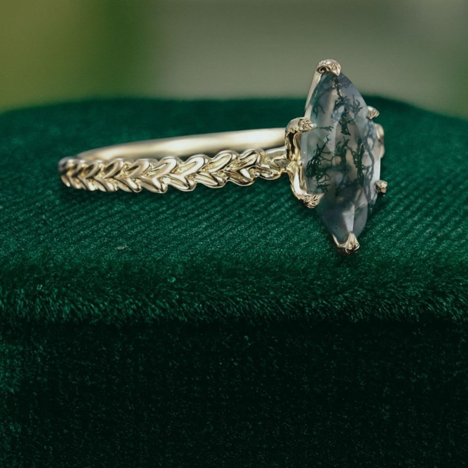 Marquise Moss Agate Leaf Prong Ring with Wheat-Inspired Band (4)