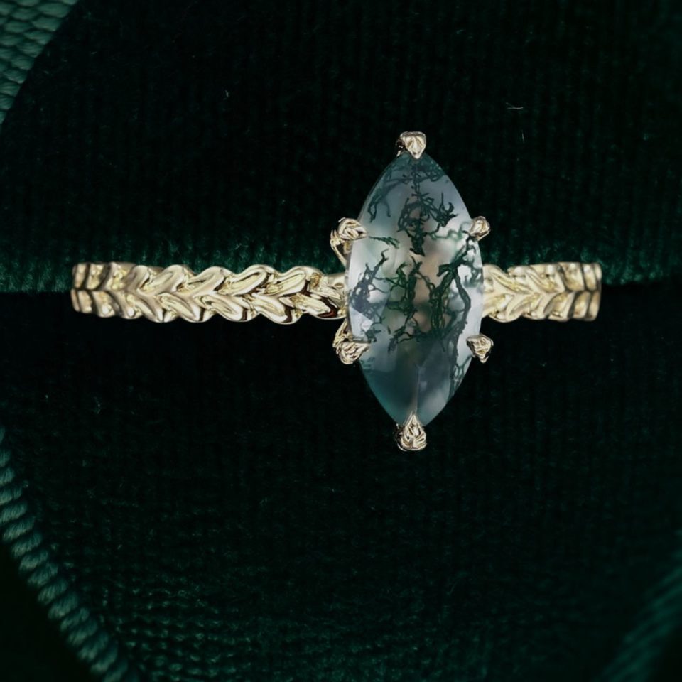 Marquise Moss Agate Leaf Prong Ring with Wheat-Inspired Band (5)