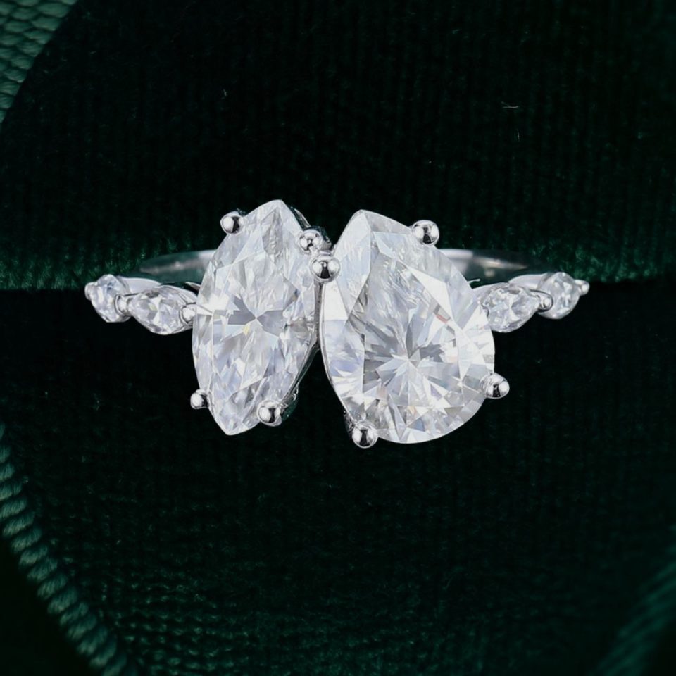 Modern Marquise & Pear Cut Moissanite Two-Stone Engagement Ring (4)