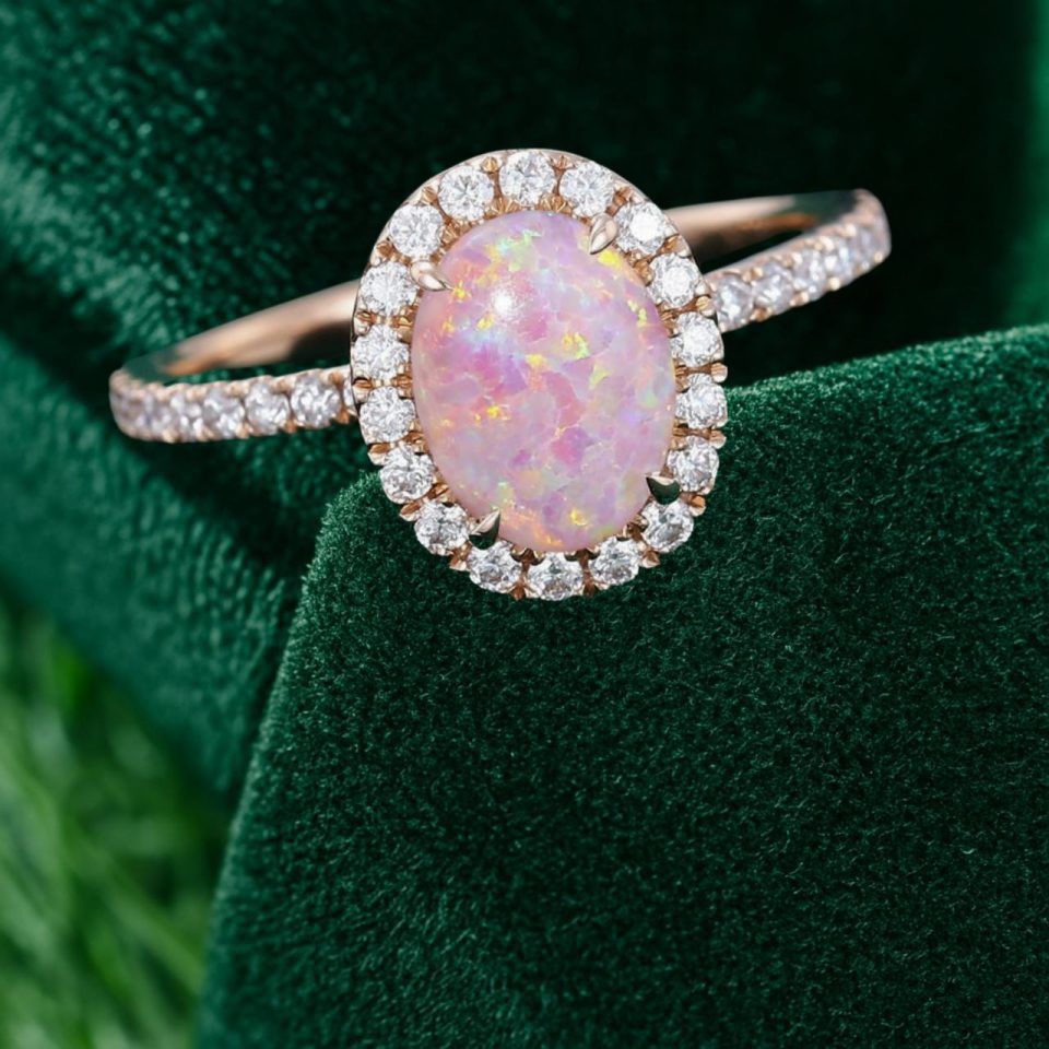 Opulent Oval Pink Opal Halo Ring with Moissanite Pavé Accents (1)