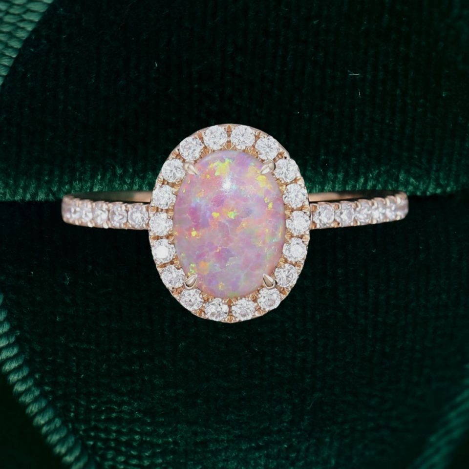 Opulent Oval Pink Opal Halo Ring with Moissanite Pavé Accents (5)