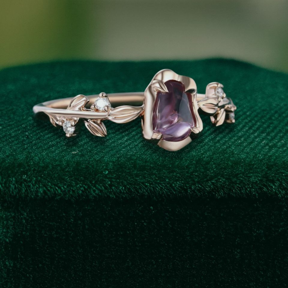 Organic Flow Purple Sapphire Ring with Sculpted Olive Leaf Accents (3)