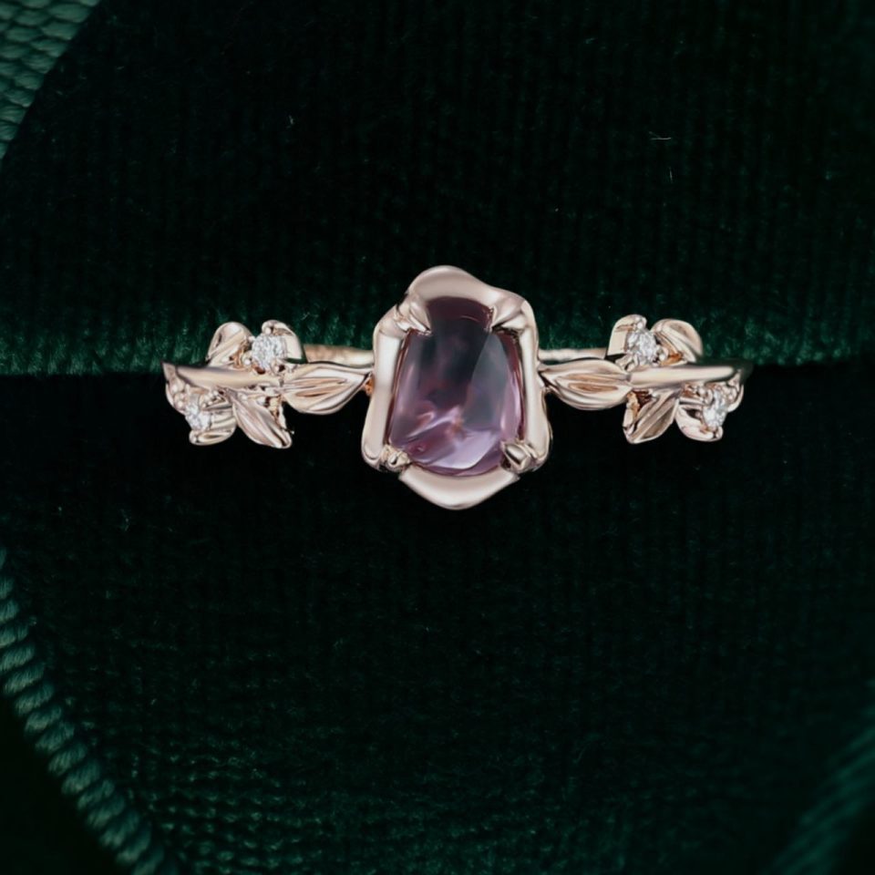 Organic Flow Purple Sapphire Ring with Sculpted Olive Leaf Accents (4)