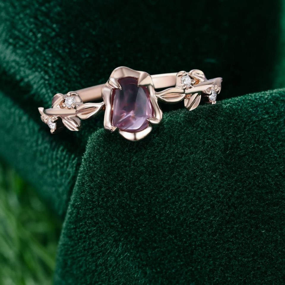 Organic Flow Purple Sapphire Ring with Sculpted Olive Leaf Accents (6)
