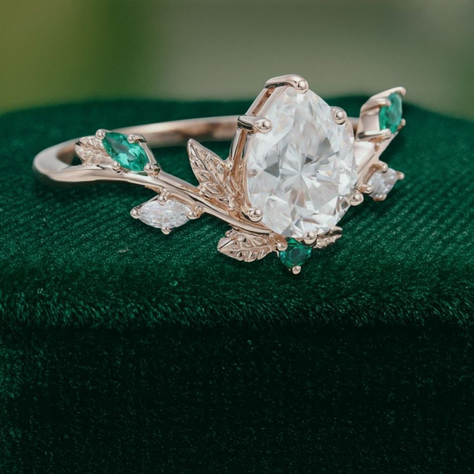 14K Rose Gold Pear Shaped Moissanite Engagement Ring with Emerald Leaf Accents (3)