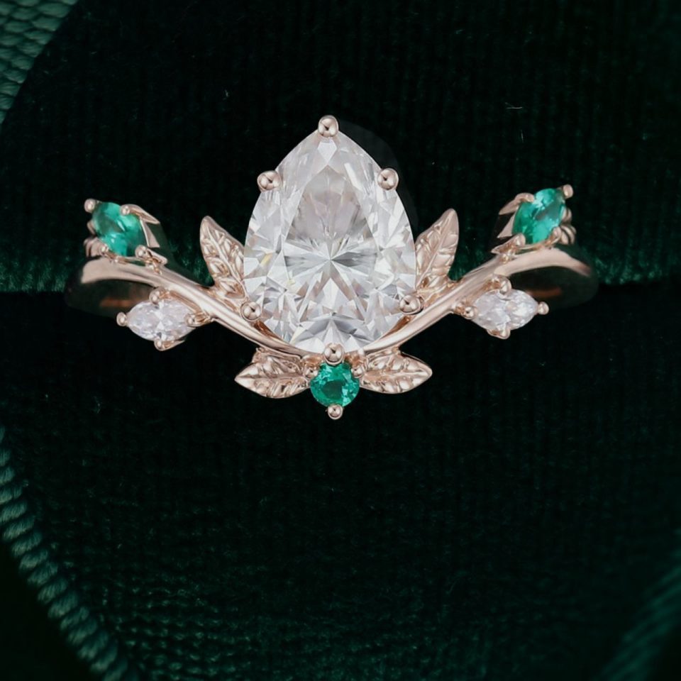 14K Rose Gold Pear Shaped Moissanite Engagement Ring with Emerald Leaf Accents (4)