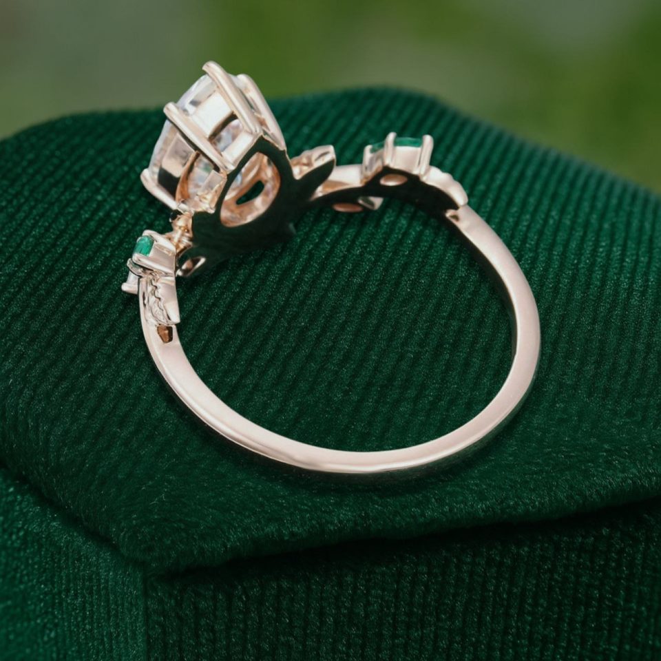 14K Rose Gold Pear Shaped Moissanite Engagement Ring with Emerald Leaf Accents (5)