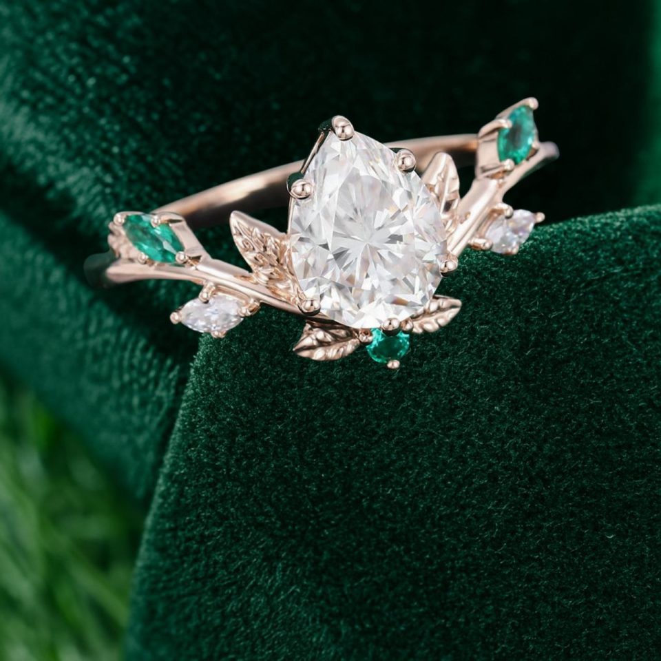 14K Rose Gold Pear Shaped Moissanite Engagement Ring with Emerald Leaf Accents (6)