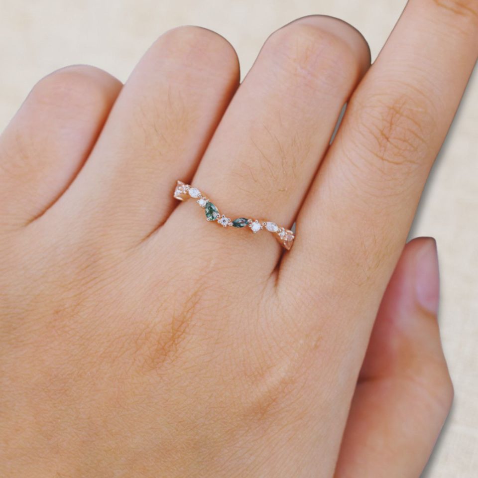 Curved Moss Agate & Moissanite Band Unique Wedding Stacking Ring (1)