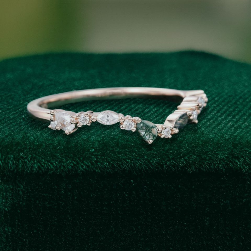 Curved Moss Agate & Moissanite Band Unique Wedding Stacking Ring (3)