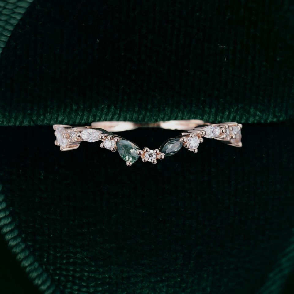 Curved Moss Agate & Moissanite Band Unique Wedding Stacking Ring (4)