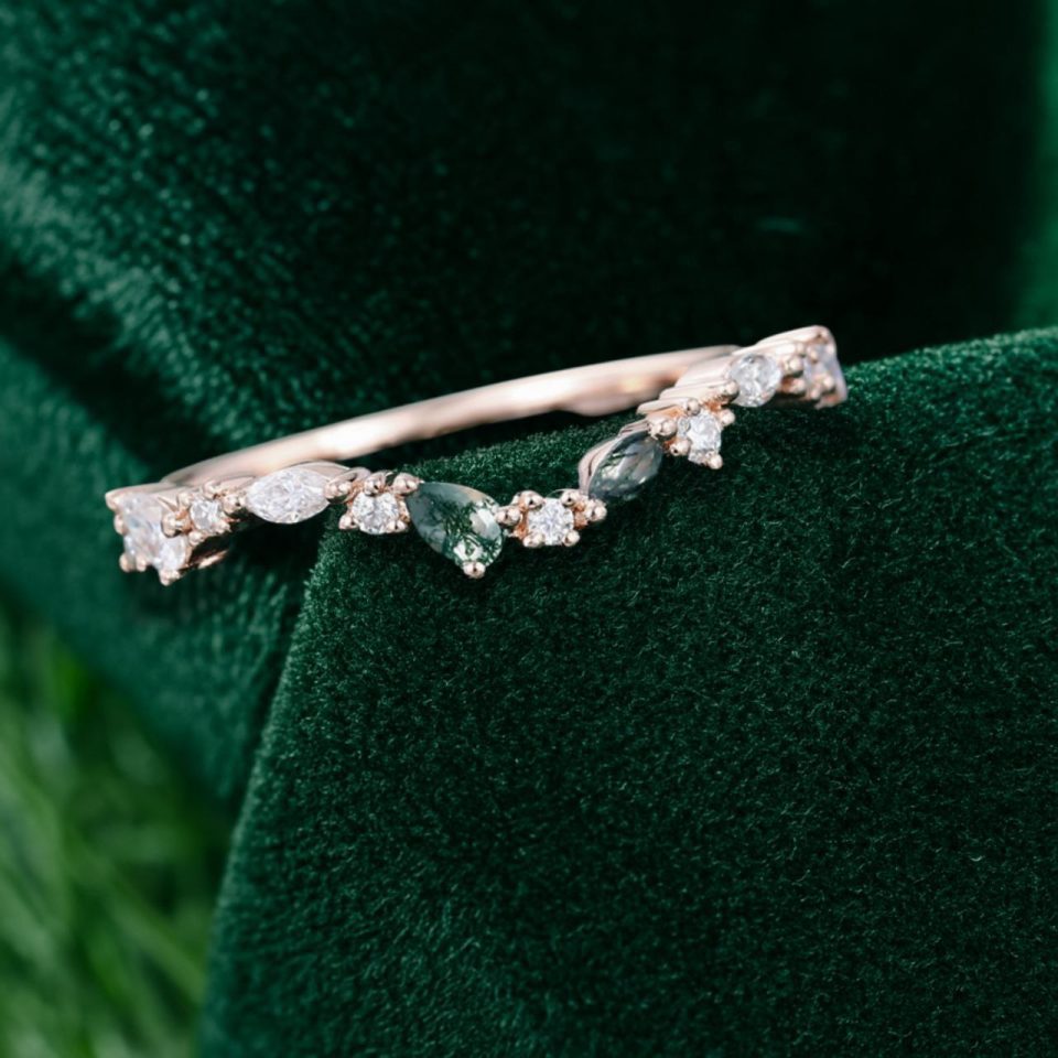 Curved Moss Agate & Moissanite Band Unique Wedding Stacking Ring (6)
