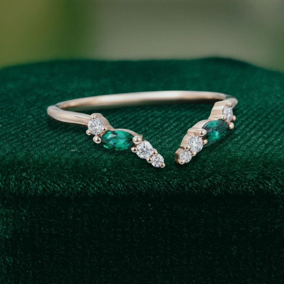 Curved Open Wedding Band with Emerald & Diamond Cluster (3)