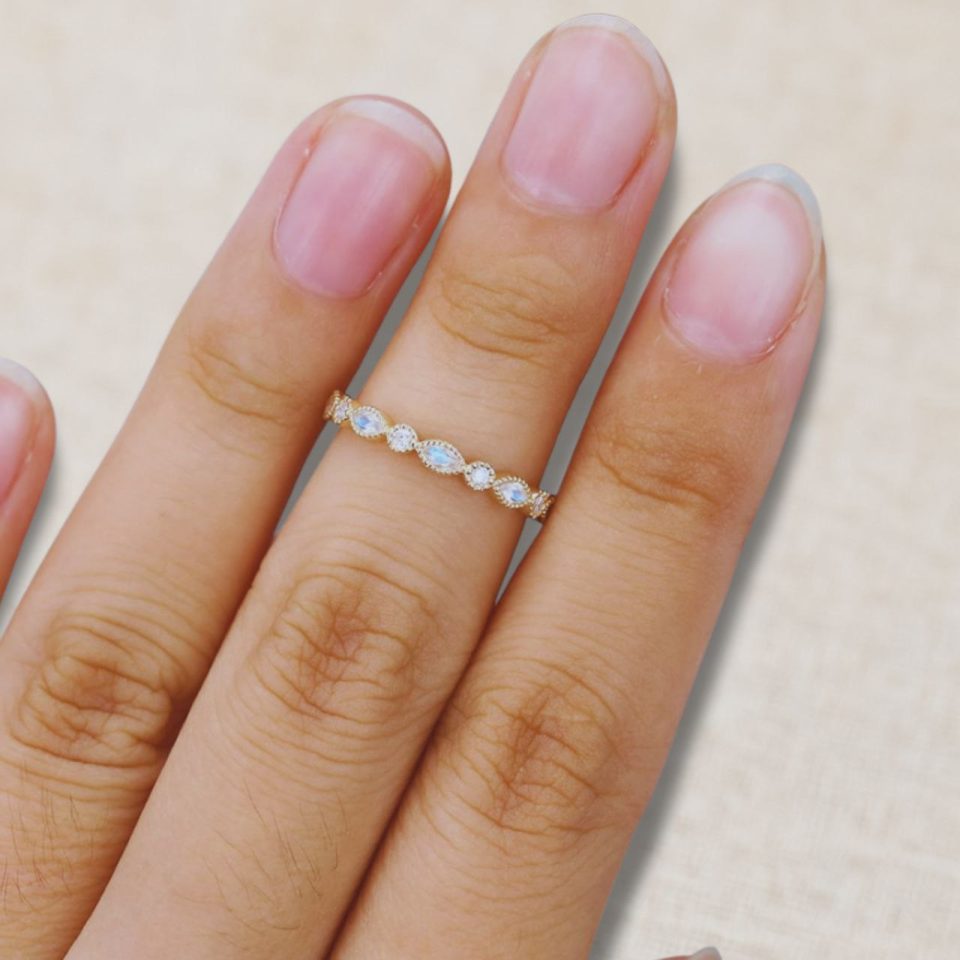 Elegant Marquise-Cut Moonstone – Yellow Gold Wedding Band (1)