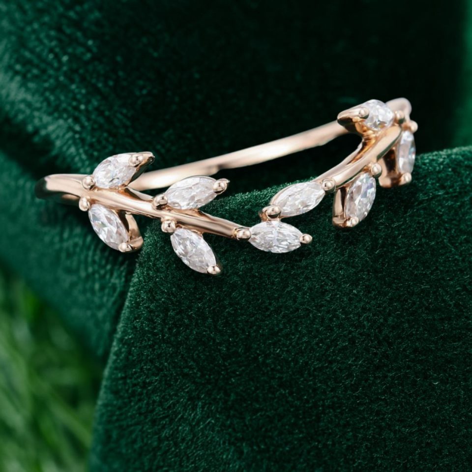 Elegant Marquise Moissanite Curved Wedding Band Featuring Leaf Accents (5)