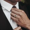 Gender-Neutral Wedding Band with Hexagon-Cut Moss Agate & Leaf Accents