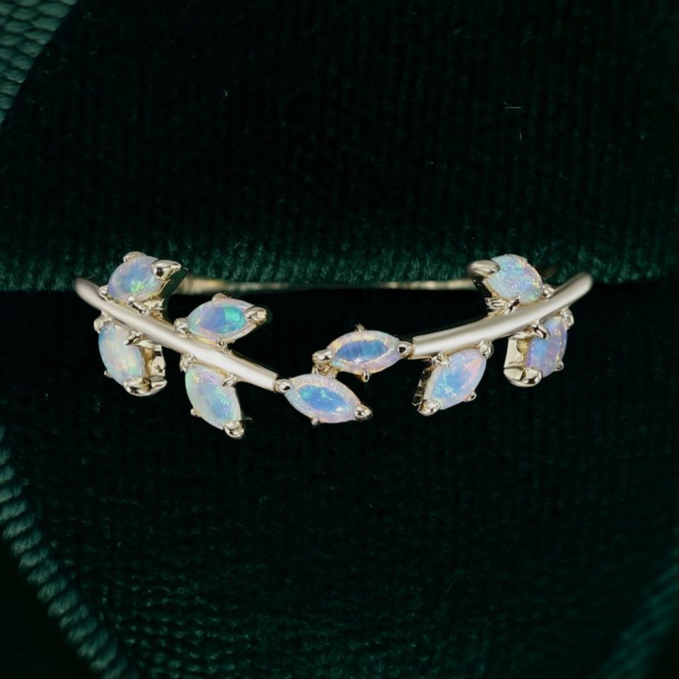 Laurel Wreath Opal Curved Wedding Band Nature Inspired Ring (4)