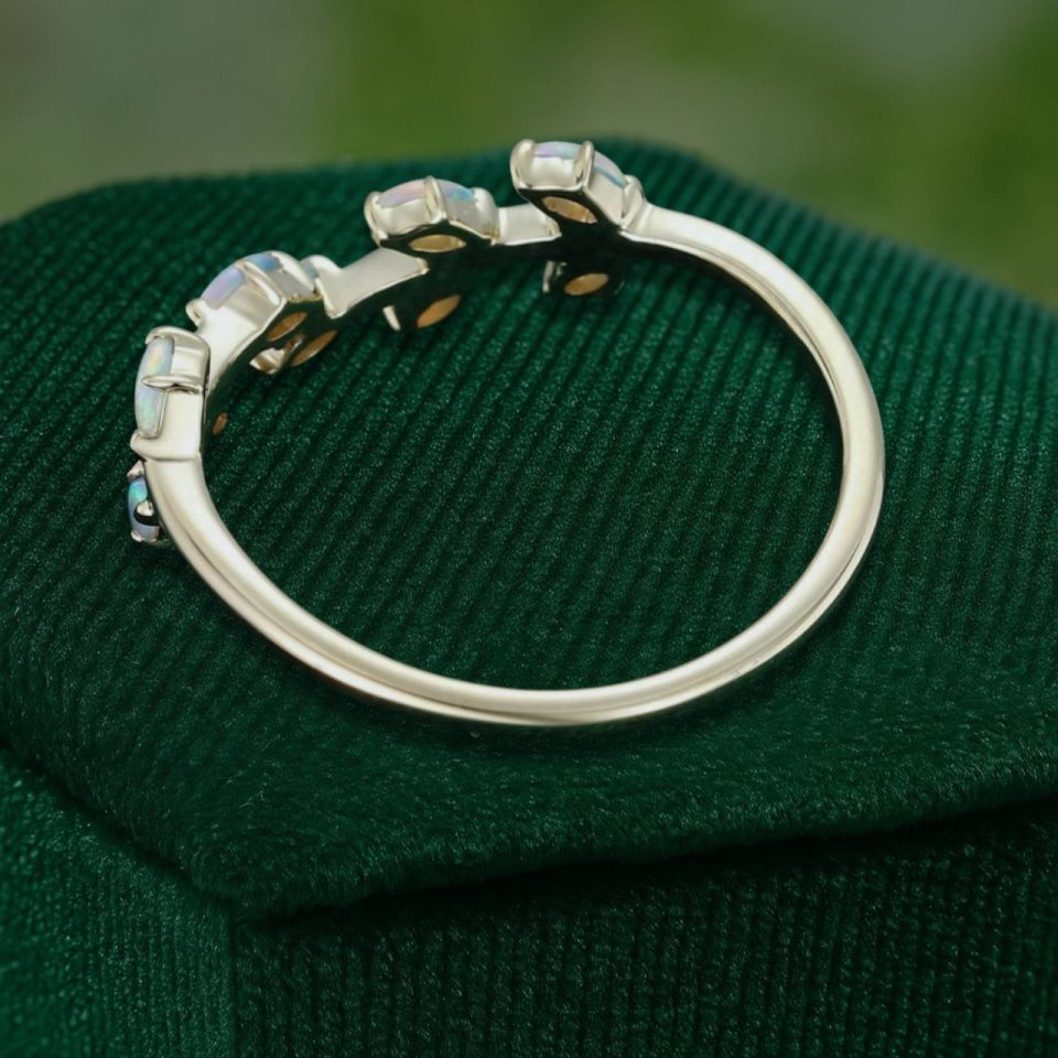 Laurel Wreath Opal Curved Wedding Band Nature Inspired Ring (5)