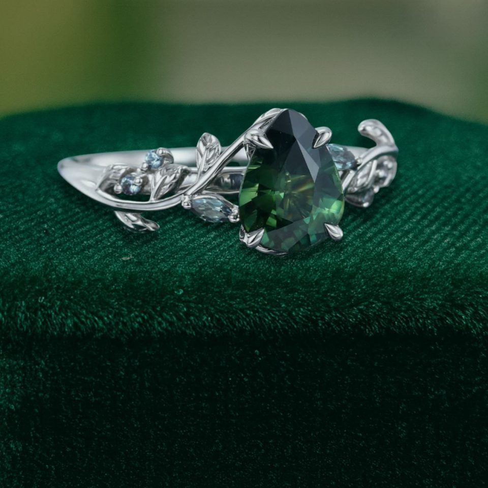 LeafLace Teal Sapphire Pear Cut Ring with Alexandrite Gemstone Flourish (3)