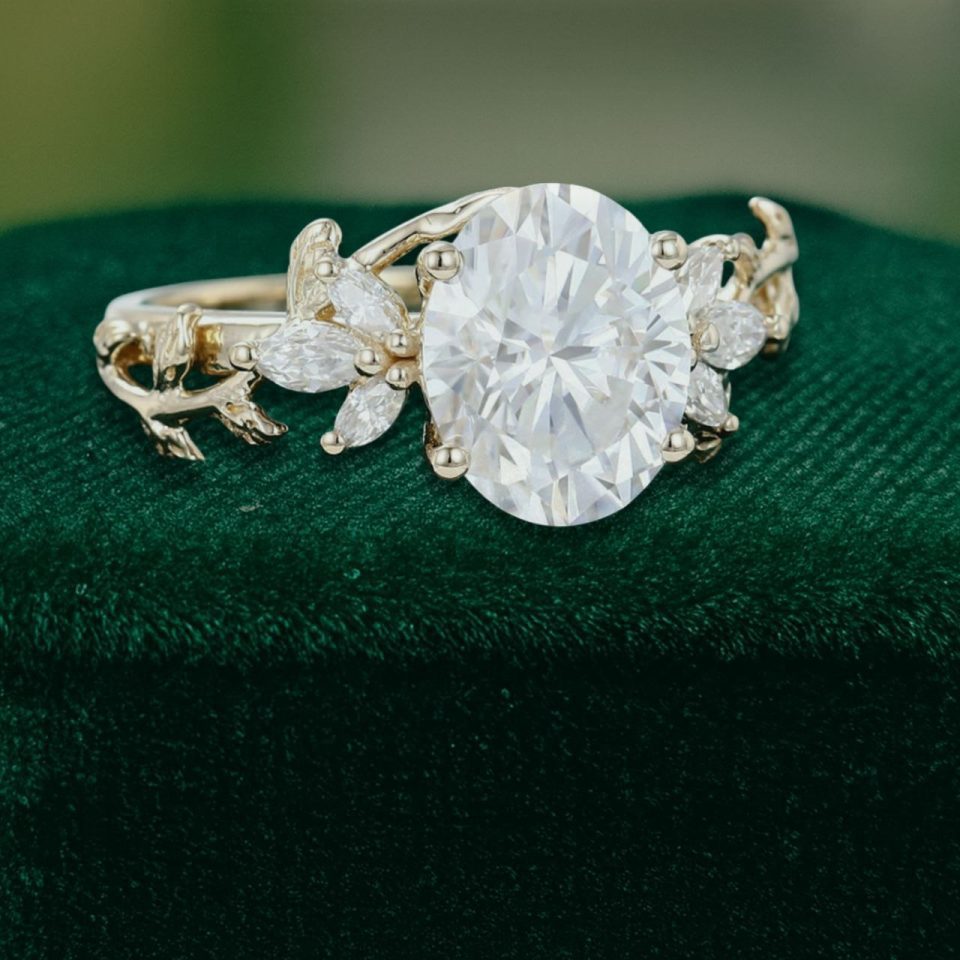 Nature-Inspired Oval Moissanite Ring • Marquise Leaf Branch Setting (3)