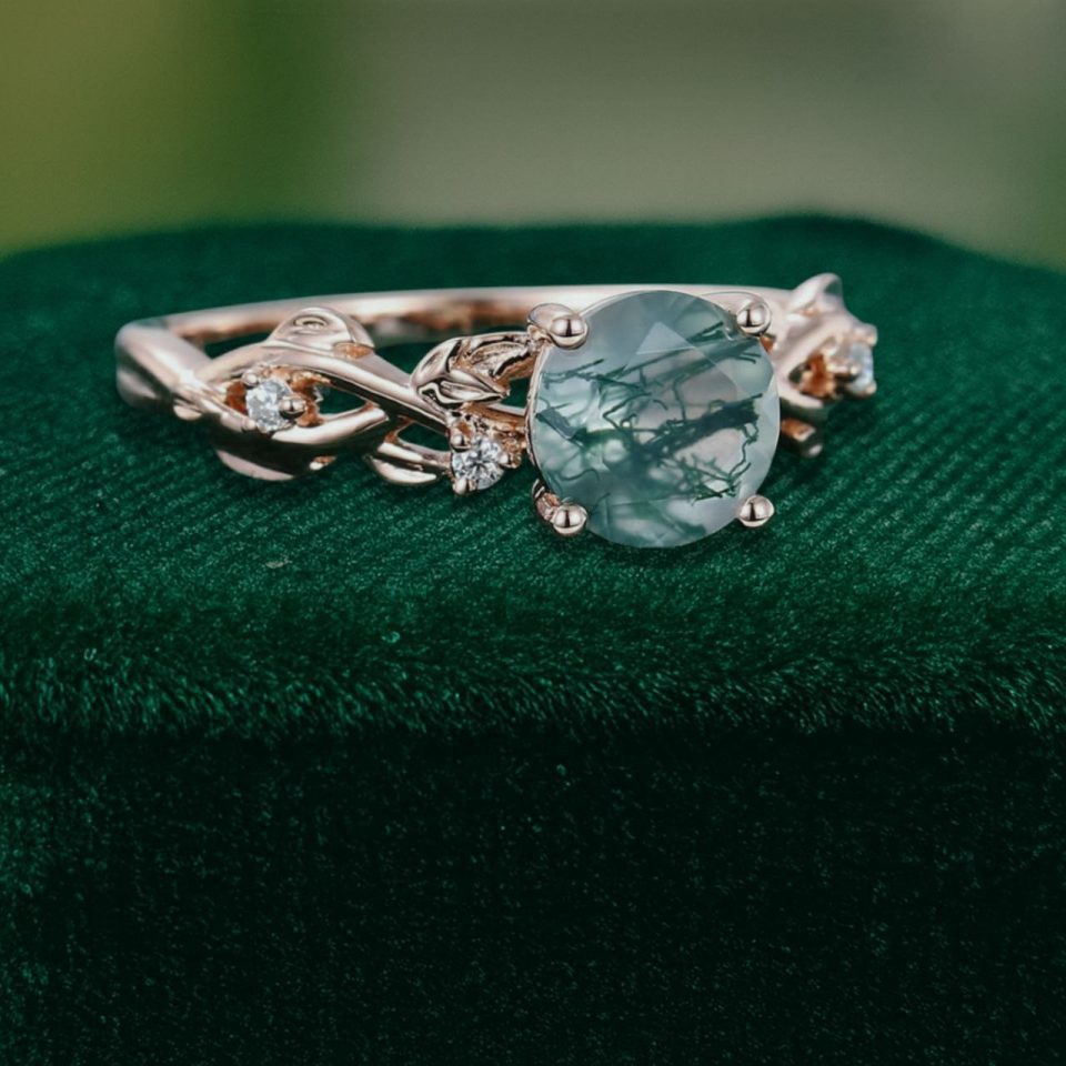 Navette Flow Nature Leaf Ring — Round Cut Moss Agate (3)