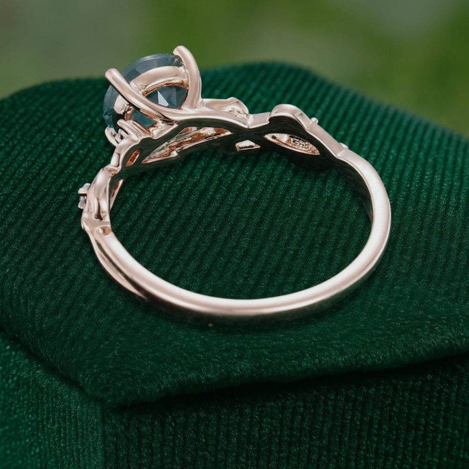 Navette Flow Nature Leaf Ring — Round Cut Moss Agate (5)