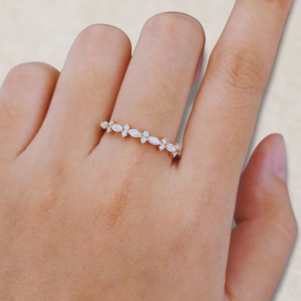 Petal-Inspired Half-Eternity Wedding Band with Marquise & Round Moissanite (1)