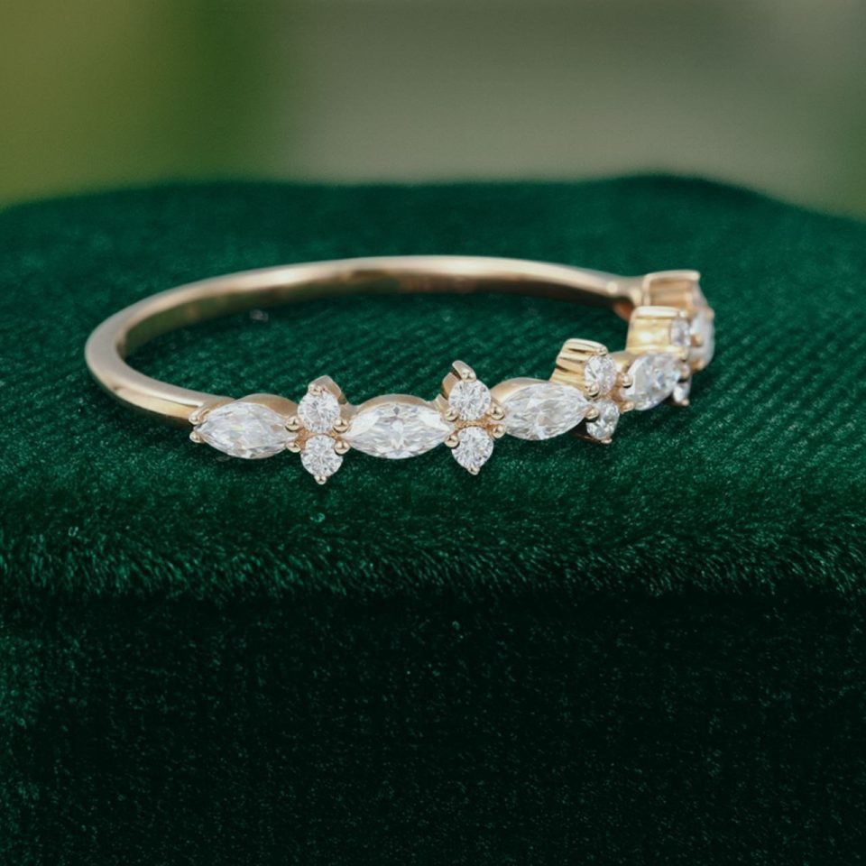 Petal-Inspired Half-Eternity Wedding Band with Marquise & Round Moissanite (3)
